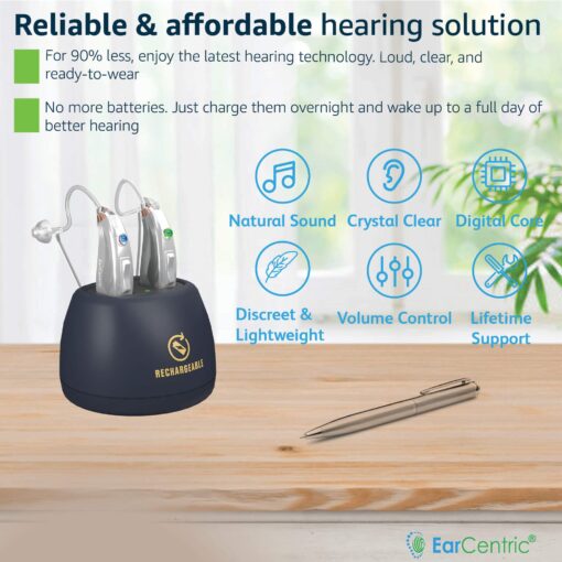 [Silver] EarCentric EasyCharge Rechargeable Hearing Aids (Pair) for Seniors, Behind-The-Ear BTE Ear Aid PSAP digital Personal sound amplification products devices with Noise Cancellation - Image 8
