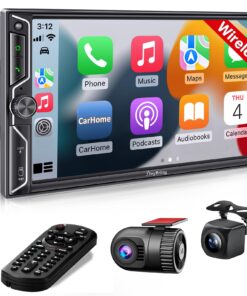 [QLED Screen Upgrade] Double Din Car Stereo with Dash Cam, Wireless Apple CarPlay and Android Auto, Bluetooth 5.3, 4.2-Channel Audio Output, MirrorLink, Backup Camera, AM/FM Car Radio