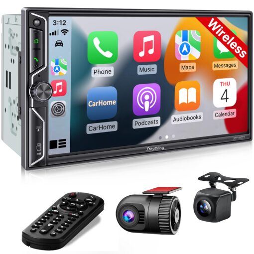 [QLED Screen Upgrade] Double Din Car Stereo with Dash Cam, Wireless Apple CarPlay and Android Auto, Bluetooth 5.3, 4.2-Channel Audio Output, MirrorLink, Backup Camera, AM/FM Car Radio