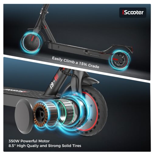 iScooter i9 Electric Scooter Adults and Teenages, 19 MPH, 18 Miles Range, 8.5'' Solid Tires, 350W Foldable and Cruise Control Escooter with Double Braking System and APP - Image 4