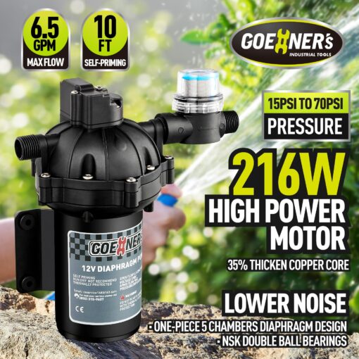[Upgraded Version] Fresh Water Pump with Spray Gun, 12V DC Water Pump, 6.5GPM 70PSI Five Chamber Self-Priming Diaphragm Water Pump with Heavy Duty Pressure Switch and Strainer - Image 7