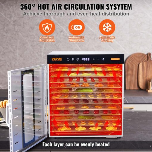 VEVOR Food Dehydrator Machine, 10 Stainless Steel Trays, 1000W Electric Food Dryer with Digital Adjustable Timer & Temperature for Jerky, Herb, Meat, Beef, Fruit, Dog Treats and Vegetables - Image 5