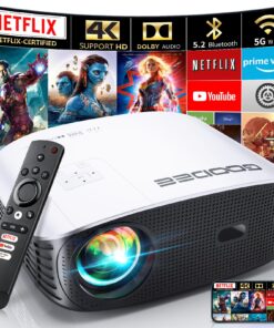 GooDee Smart 4K Projector with 5G WIFI and Bluetooth, Netflix/Amazn Prime Video Certified, Dolby Audio, 800ANSI Outdoor Projector, 400" Zoom Home Theater Projector Compatible with TV Stick,iOS,Android