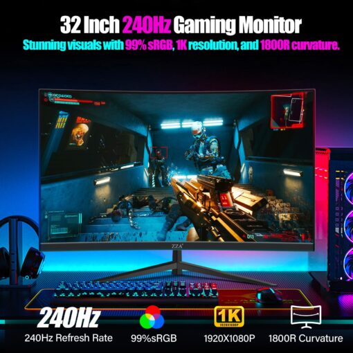 ZZA 32" 1K HDR Gaming Curved Monitor - FHD (1920x1080), 240Hz,1500R, 1ms, Extreme Low Motion Blur, FreeSync Premium, VESA Mountable, DisplayPort, HDMI - Image 7