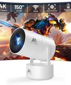 [Built-in Battery] Mini Projector with Wifi and Bluetooth, 4K 1080P Supported 270° Rotatable 150'' Screen Auto Keystone Home Outdoor Projector Portable Smart Projector for Phone/TV/Laptop/HDMI, White