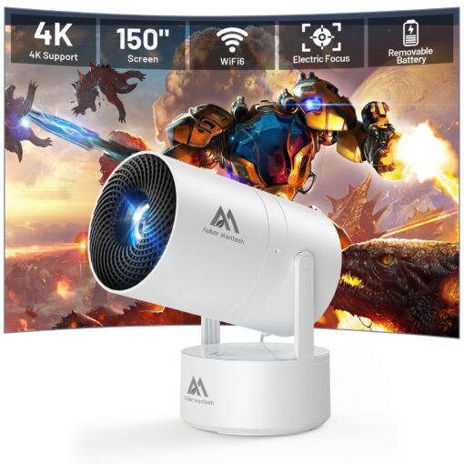 [Built-in Battery] Mini Projector with Wifi and Bluetooth, 4K 1080P Supported 270° Rotatable 150'' Screen Auto Keystone Home Outdoor Projector Portable Smart Projector for Phone/TV/Laptop/HDMI, White