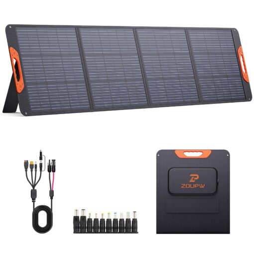 ZOUPW 200 Watt Portable Solar Panel for Power Station,Camping Essentials,200W 20V Foldable Solar Panel with Solar Cable,23.5% High Efficiency IP67 Waterproof 4 Kickstands for Camping RV Blackout