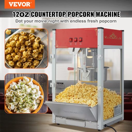 VEVOR Commercial Popcorn Machine, 12 Oz Kettle, 1440 W Countertop Popcorn Maker for 80 Cups per Batch, Theater Style Popper with 3-Switch Control Steel Frame Tempered Glass Doors 1 Scoop 2 Spoons, Red - Image 9