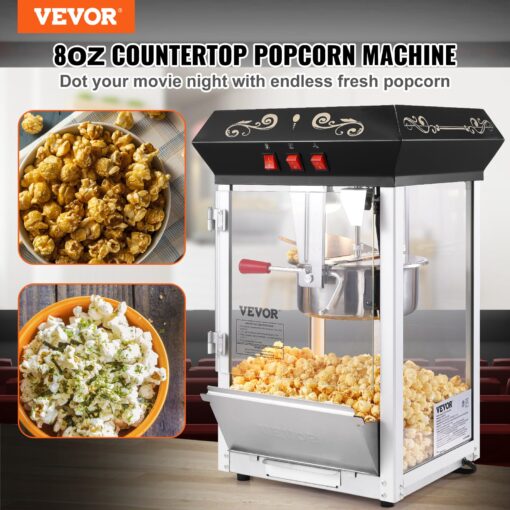 VEVOR Popcorn Maker, 850W Popcorn Popper Machine, 8 Oz Kettle Makes 48 Cups per Batch, Countertop Popcorn Maker with Tempered Glass, Includes 4 Scoops, Movie Theater Style, Black - Image 9