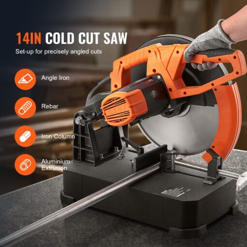 VEVOR Chop Saw, 14"/355mm Blade Diameter Cut Off Saw, 2800W 1200RPM Steel Cutting Machine, 0-45° Adjustable Dry Cut Chop Saw, Miter Saw for Cutting Metal Cold Cut Saw for Steel/Rebar/Iron/Aluminum - Image 9