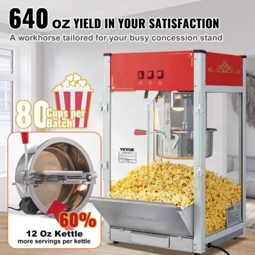 VEVOR Commercial Popcorn Machine, 12 Oz Kettle, 1440 W Countertop Popcorn Maker for 80 Cups per Batch, Theater Style Popper with 3-Switch Control Steel Frame Tempered Glass Doors 1 Scoop 2 Spoons, Red - Image 8