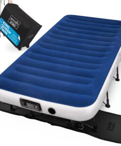 SereneLife EZ Bed Air Mattress with Frame and Rolling Case, Self-Inflating Airbed with Built in Pump for Travel and Hosting, Twin