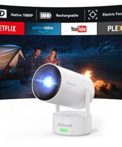 Polocsh Mini Projector, Rechargeable Portable Outdoor Smart Projector with 4K Support, Auto Keystone, Android 11 Small Projector with WiFi and Bluetooth, Electric Focus Home Theater for iphone