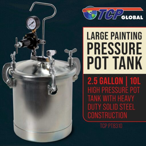 TCP Global 2-1/2 Gallon - (10 Liter) Pressure Pot Paint Tank: Heavy Duty Solid Steel, Clamp on Lid, Regulator & Pressure Gauge, Spray Gun and Hoses - Ideal for Large Volume Painting and Autobody Work - Image 6