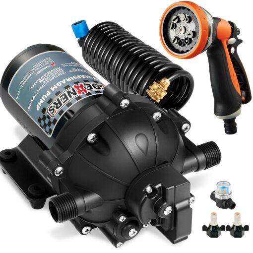 [Upgraded Version] Fresh Water Pump with Spray Gun, 12V DC Water Pump, 6.5GPM 70PSI Five Chamber Self-Priming Diaphragm Water Pump with Heavy Duty Pressure Switch and Strainer