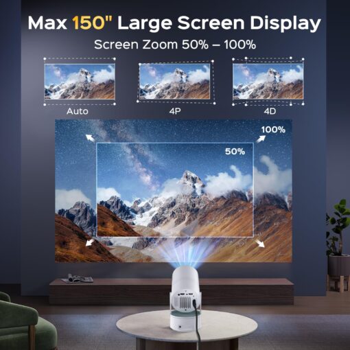 [Built-in Battery] Mini Projector with Wifi and Bluetooth, 4K 1080P Supported 270° Rotatable 150'' Screen Auto Keystone Home Outdoor Projector Portable Smart Projector for Phone/TV/Laptop/HDMI, White - Image 6
