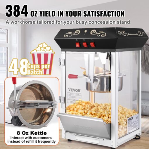 VEVOR Popcorn Maker, 850W Popcorn Popper Machine, 8 Oz Kettle Makes 48 Cups per Batch, Countertop Popcorn Maker with Tempered Glass, Includes 4 Scoops, Movie Theater Style, Black - Image 8