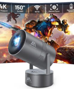 [Built-in Battery] Mini Projector with Wifi and Bluetooth, 4K 1080P Supported 270° Rotatable 150'' Screen Auto Keystone Home Outdoor Portable Smart Projector for Phone/TV/Laptop/HDMI, Iron Grey