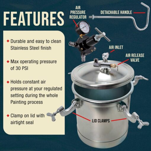 TCP Global 2-1/2 Gallon - (10 Liter) Pressure Pot Paint Tank: Heavy Duty Solid Steel, Clamp on Lid, Regulator & Pressure Gauge, Spray Gun and Hoses - Ideal for Large Volume Painting and Autobody Work - Image 5