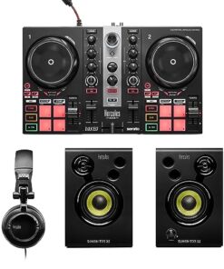 Hercules DJLearning Kit MK II including the DJ Inpulse 200 MK II controller, HD45 headphones and DJ Monitor 32 speakers