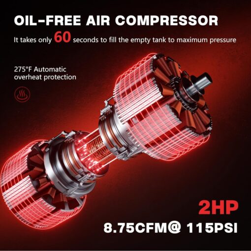 10 Gallon Ultra Quiet Air Compressor with Two Quick Couplers, 2HP 8.76 CFM@ 115PSI Oil-Free Air Compressor Tank, 110V/60hz, 70dB Air Compressor for Car Repair, Spray Painting, Woodwork Nailing - Image 7