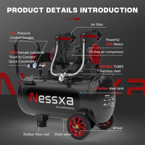 10 Gallon Ultra Quiet Air Compressor with Two Quick Couplers, 2HP 8.76 CFM@ 115PSI Oil-Free Air Compressor Tank, 110V/60hz, 70dB Air Compressor for Car Repair, Spray Painting, Woodwork Nailing - Image 6
