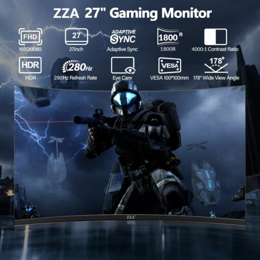 ZZA 27 Inch Gaming Monitor 280Hz 240Hz 1080p 1ms VRB Blue Light Shift Machine Black Curved 100% sRGB, Adaptive FreeSync,Display Port DP HDMI VESA Mounting Compliant - Image 8