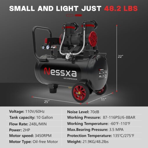 10 Gallon Ultra Quiet Air Compressor with Two Quick Couplers, 2HP 8.76 CFM@ 115PSI Oil-Free Air Compressor Tank, 110V/60hz, 70dB Air Compressor for Car Repair, Spray Painting, Woodwork Nailing - Image 3