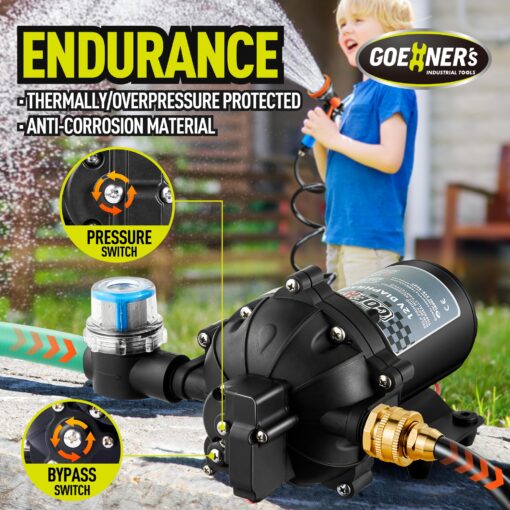 [Upgraded Version] Fresh Water Pump with Spray Gun, 12V DC Water Pump, 6.5GPM 70PSI Five Chamber Self-Priming Diaphragm Water Pump with Heavy Duty Pressure Switch and Strainer - Image 5